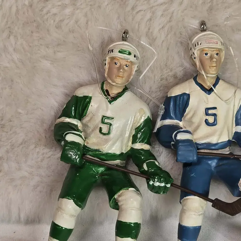 Lot of 3 Vintage Hockey Player Ornaments – Green & Blue Uniforms #5 Resin Figure